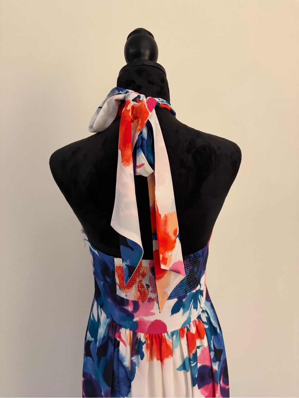 Eliza J White Halter Maxi Dress with Blue & Pink Floral Print